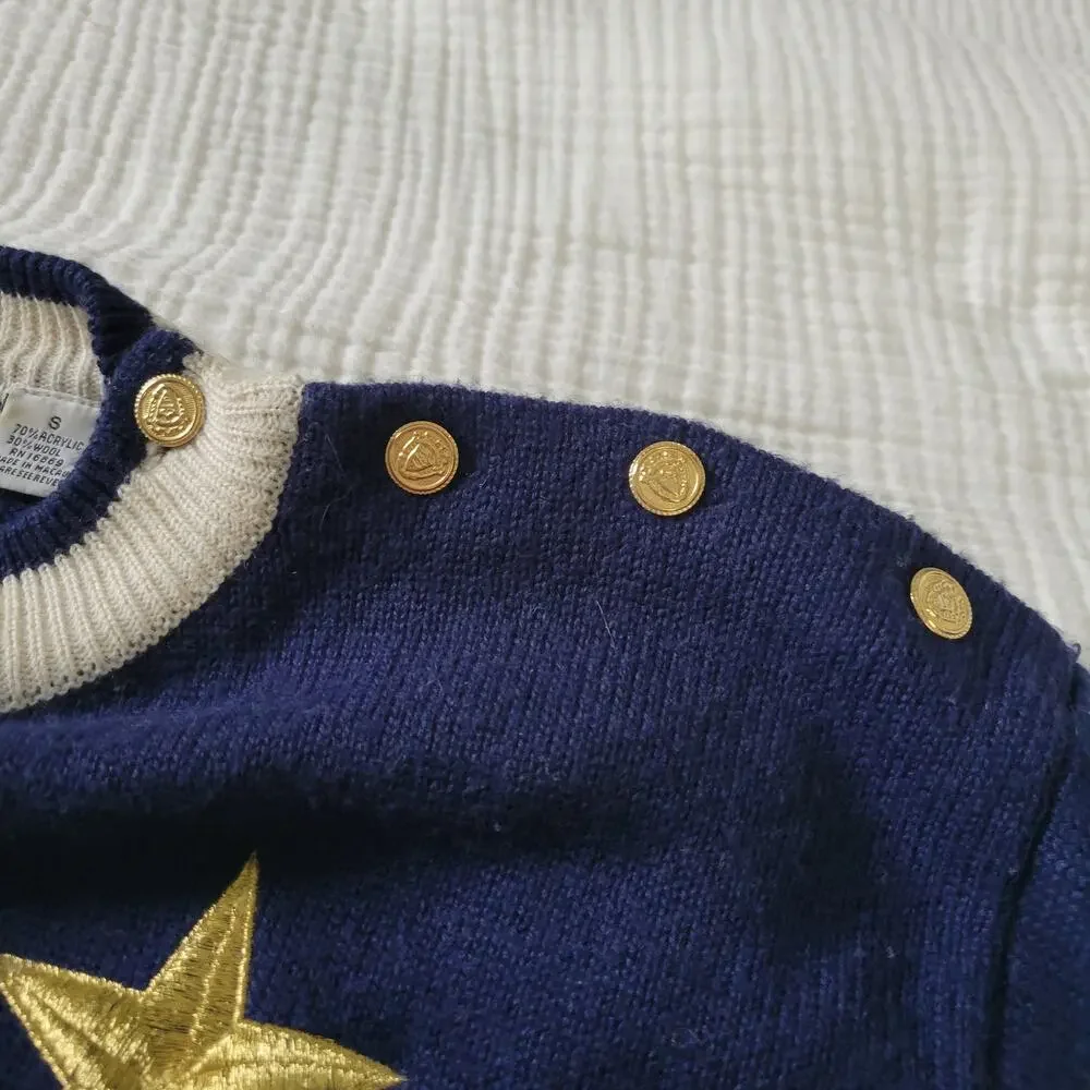Vtg 80s Womens S Crewneck Sweater Navy White Gold Stars Stripes American Wool